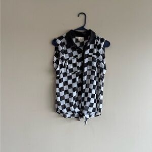 Checkered Sleeveless Button-Up Faux Leather Trim Tie Front Racing Top
